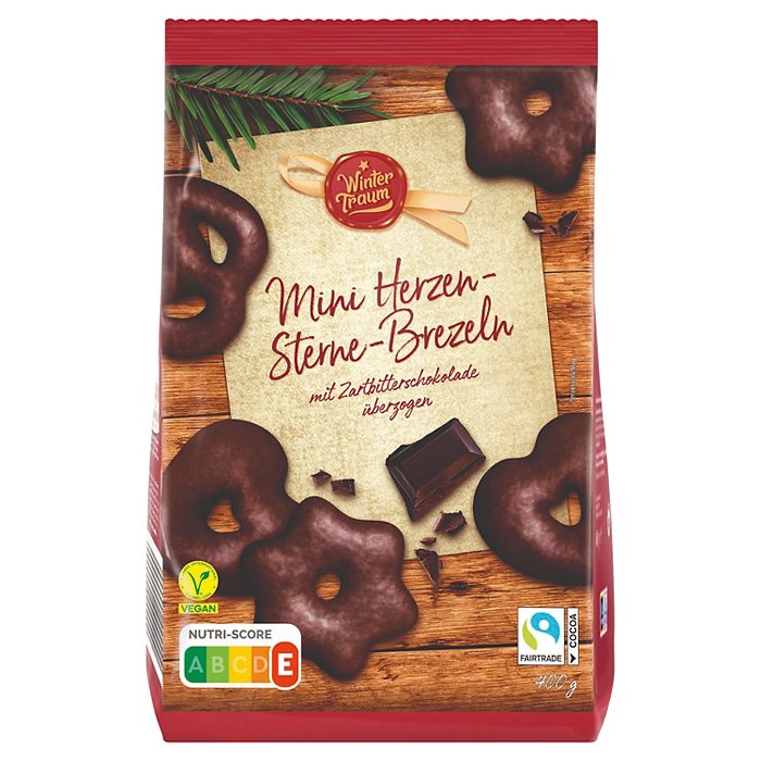 WINTERTRAUM Mini Herzen Sterne Brezeln 400 g, Zartbitter