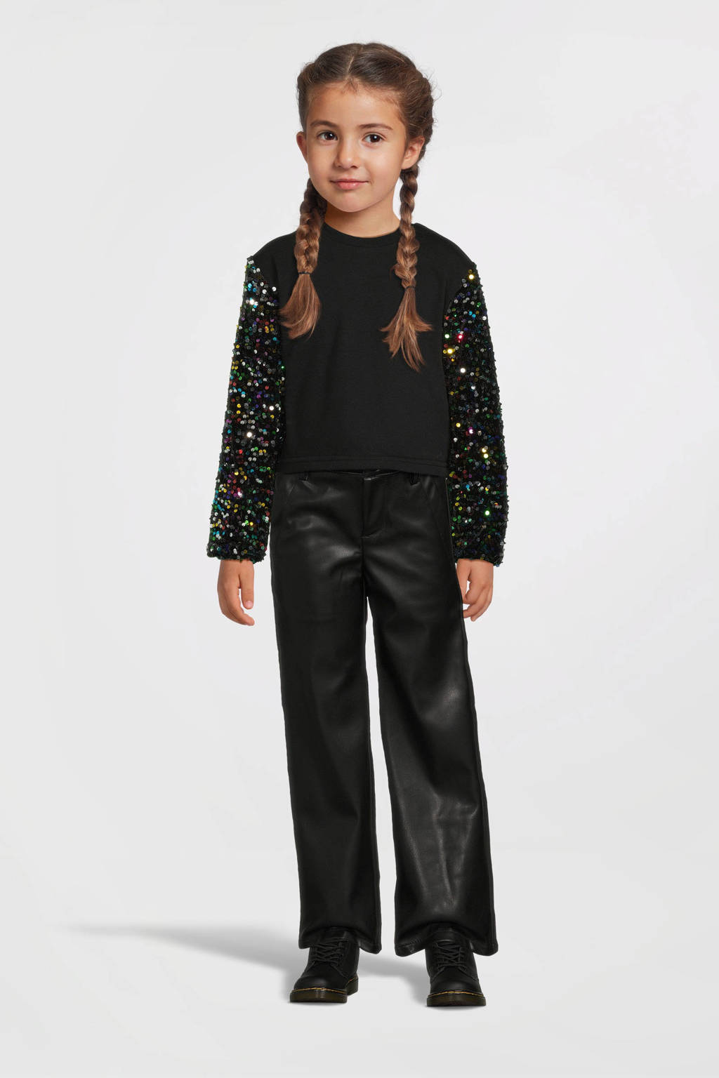 NAME IT imitatieleren wide leg broek NKFSALLI zwart