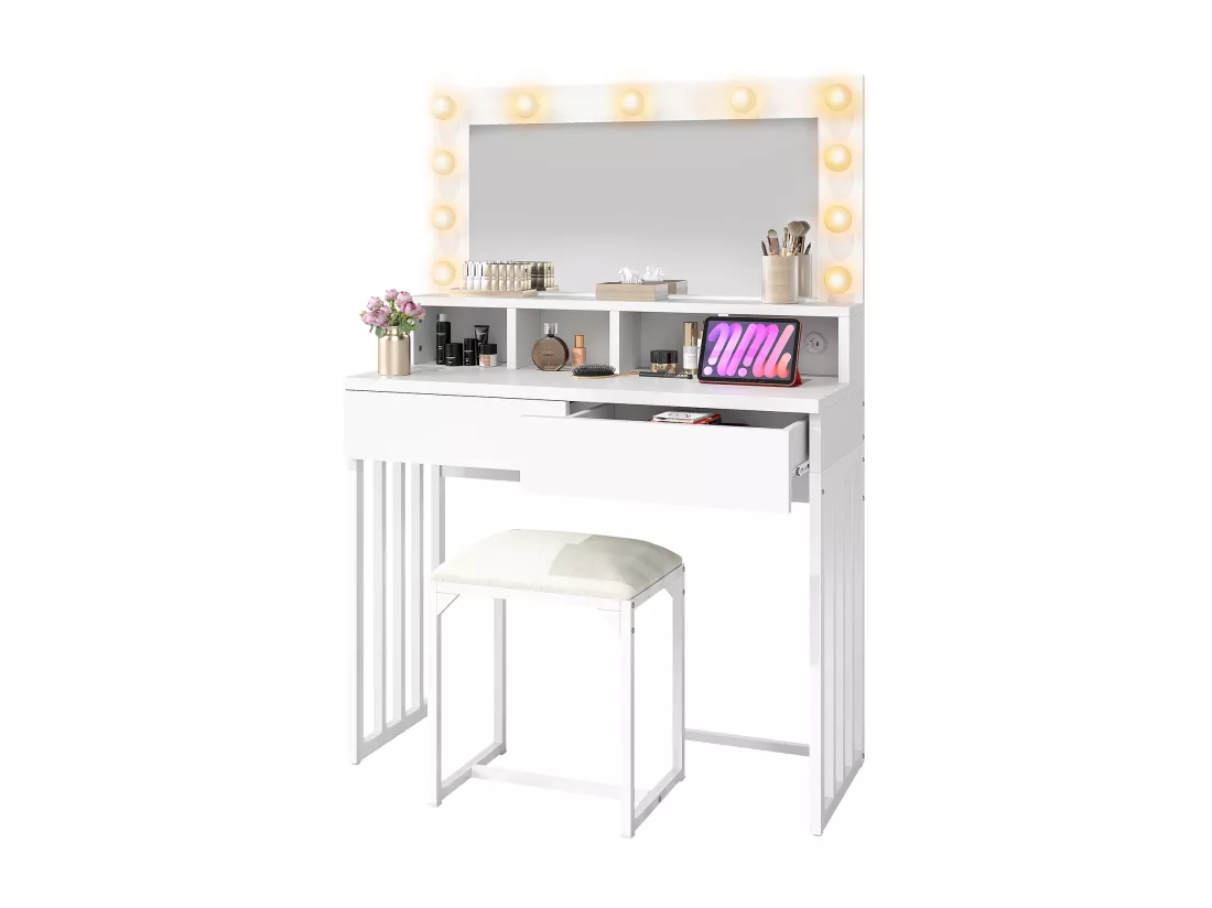 YITAHOME Coiffeuse avec Éclairage Coiffeuse avec Miroir et Taburet - Coiffeuse avec 2 Tiroirs - Blanche