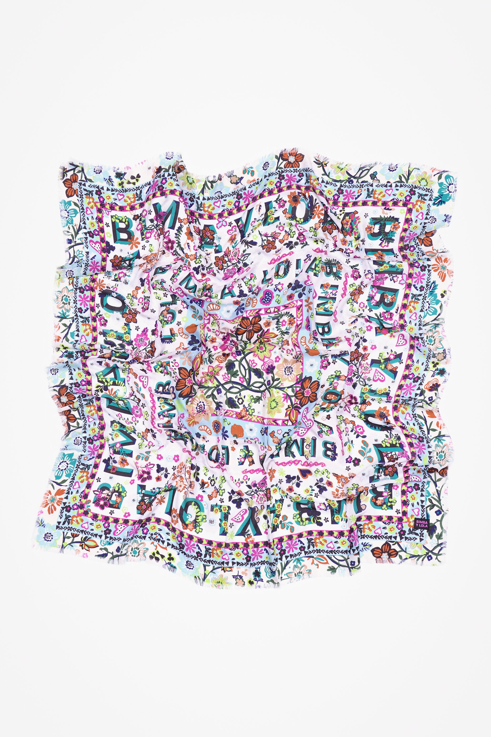 Xale com flores e logotipos, branco