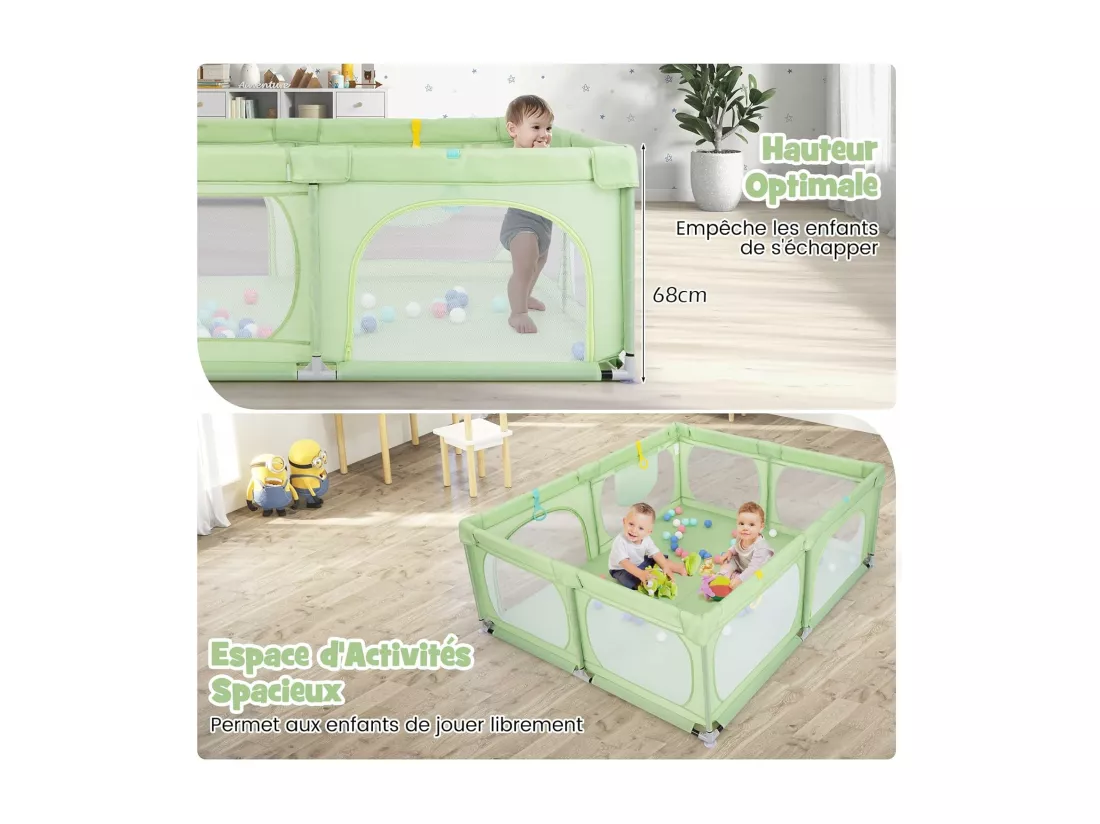 Grand Parc pour Bébé avec 50 Balles Océaniques, Clôture pour Tout-Petits avec 4 Anneaux à Main, Centre d'Activités pour Bébé avec Maille Respirante, 189 x 158 x 68 CM (Vert)