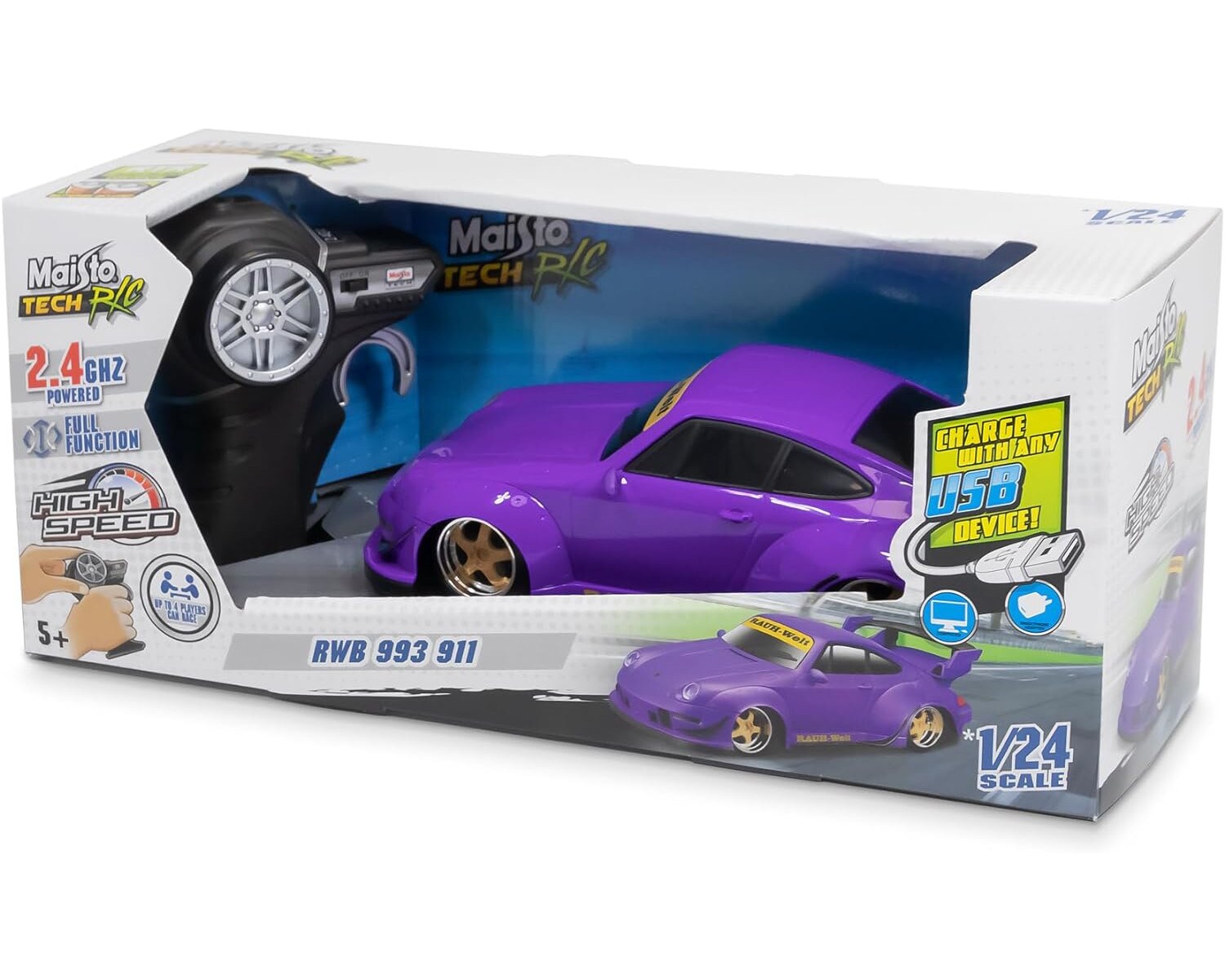 Maisto Tech 82340 - Ferngesteuertes Auto - Porsche 911 993 RWB (lila, Maßstab 1:24)