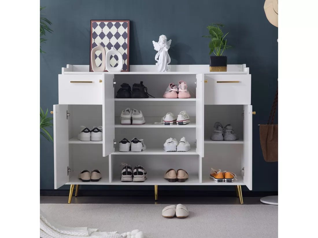 Meuble à chaussures avec 2 tiroirs et 4 portes - 130 x 37 x 100 cm - pieds en métal et panneaux de particules -Blanc