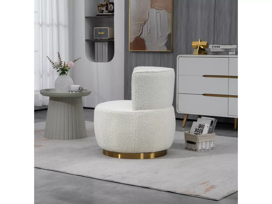 Fauteuil pivotant ronde en tissu bouclette blanc - dossier ergonomique - max 150kg - 62.5x62.5x69.5cm