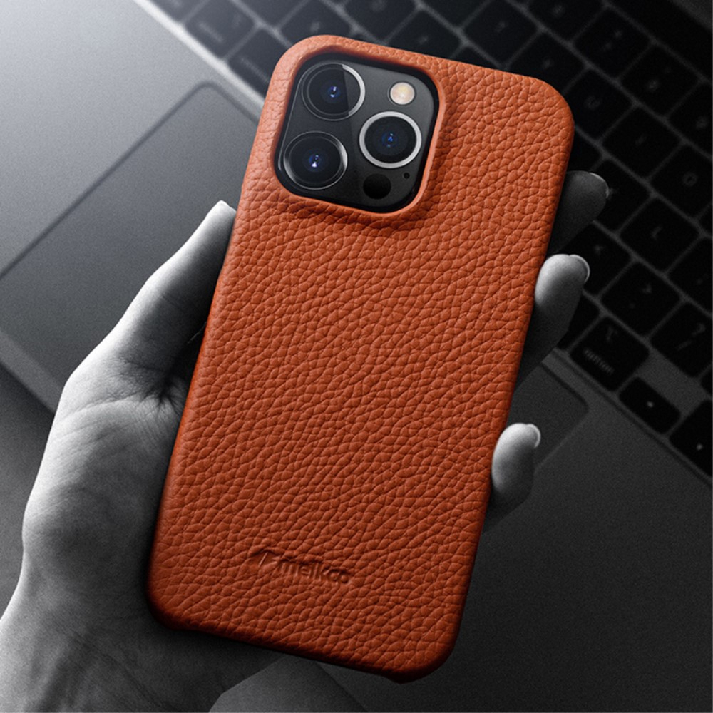 iPhone 14 Echtleder Hardcase Hülle Litchi Look - Grau