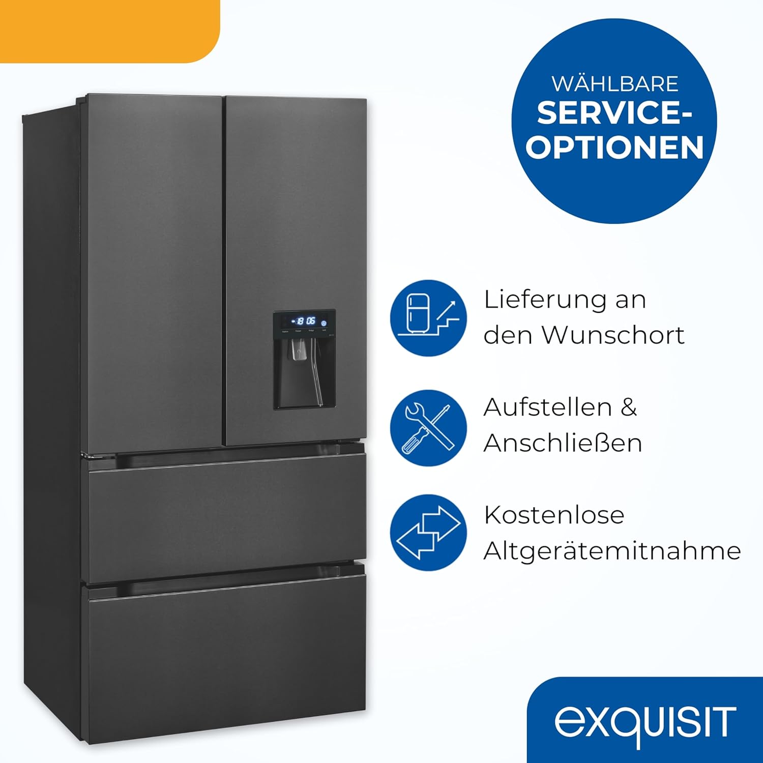 Exquisit Frenchdoor-Kühlschrank, 506 L, Kombigerät, 2-in-1, Kühl- und Gefrierteil, No-Frost, Wasserspender, inoxlook, FD5490-160-WS-202E inoxlook-az