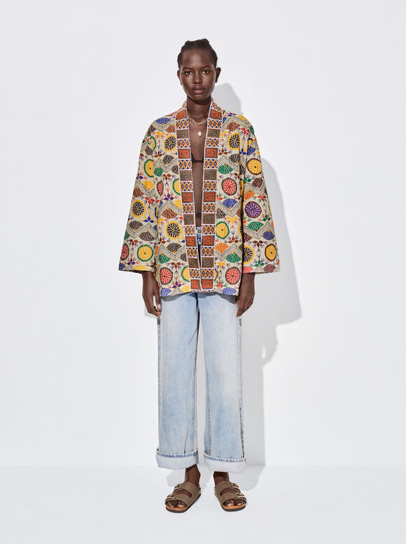 Quimono estampado com miçangas - Multicolorido