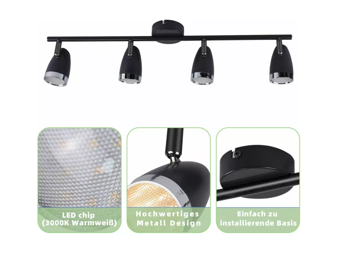 NETTLIFE Spot de plafond LED 4 ampoules moderne 4W noir 3000K orientable 350°