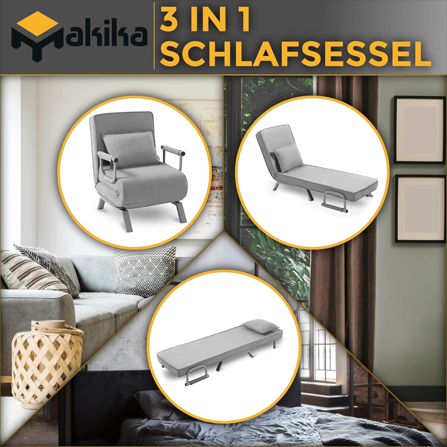 Schlafsessel Schlafsofa TED 3in1 mit Armlehne - Bettfunktion - Verstellbare Rückenlehne - inkl. Kopfkissen - Bis 200kg - Klappsessel Relaxsessel Sofabett Klappbett Gästebett Wohnzimmer Grau