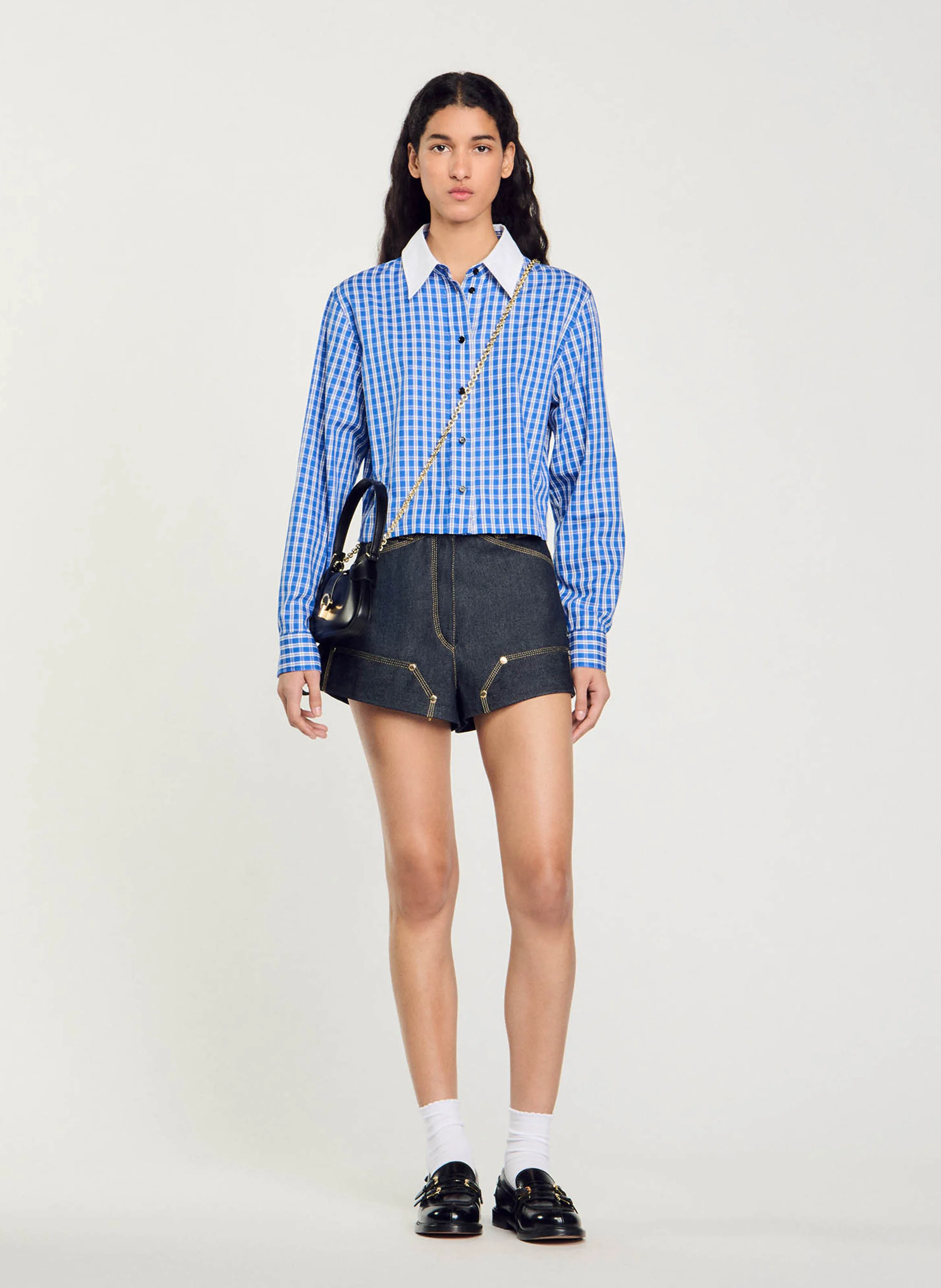 Chemise courte droite col classique en coton imprimé | Bleu