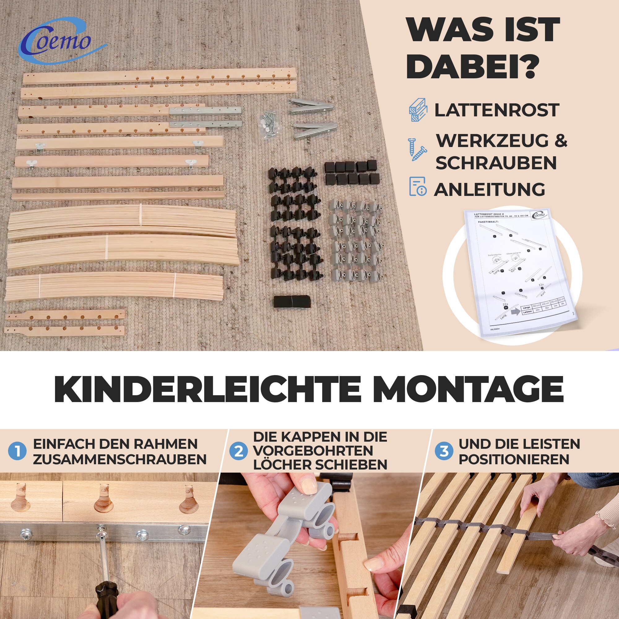 Coemo 7-Zonen Lattenrost ERGO K 80x190 verstellbar Kopfteil Härtegrad verstellbar 26 Leisten