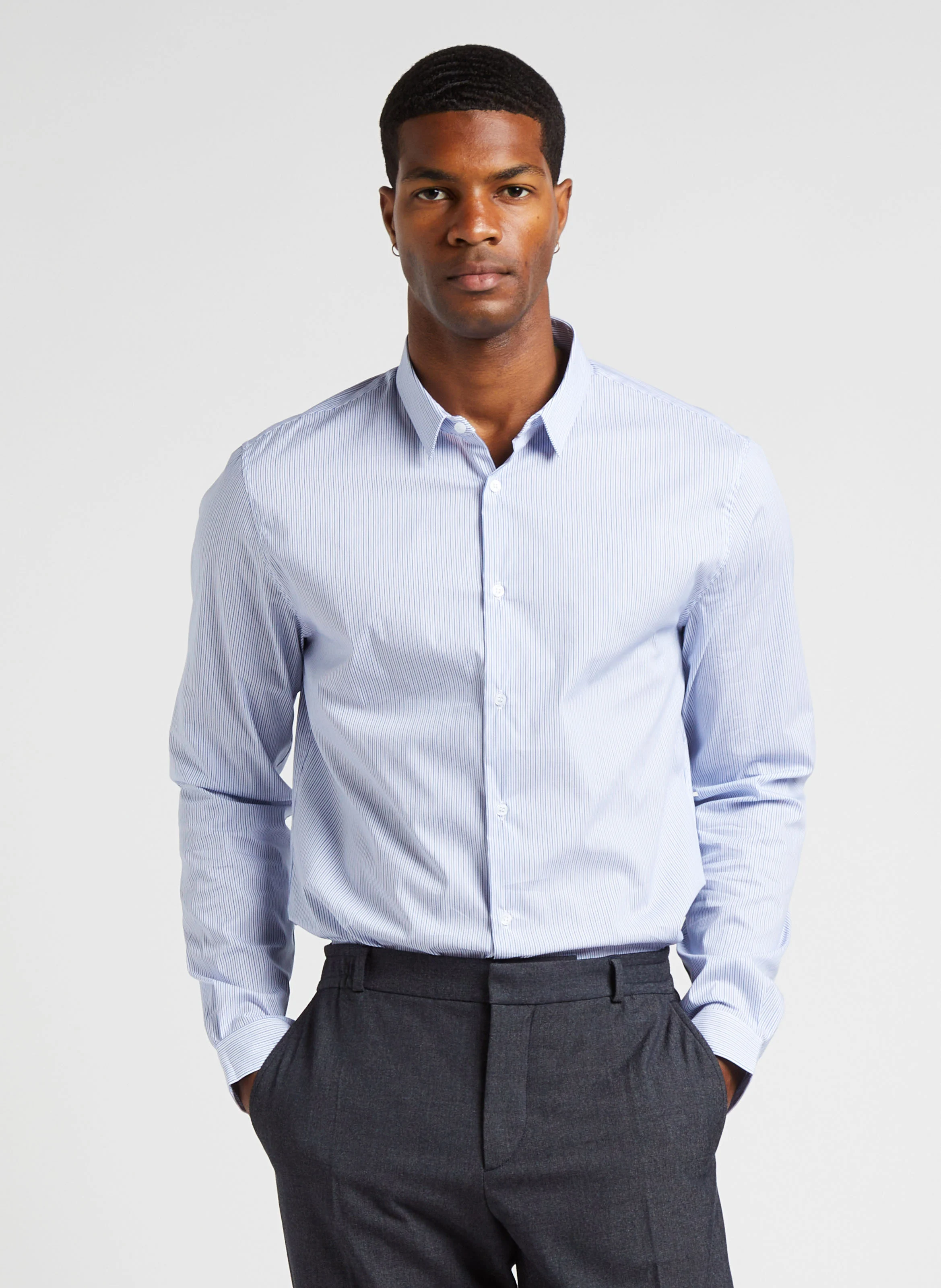 Chemise slim-fit rayée en coton mélangé | Bleu