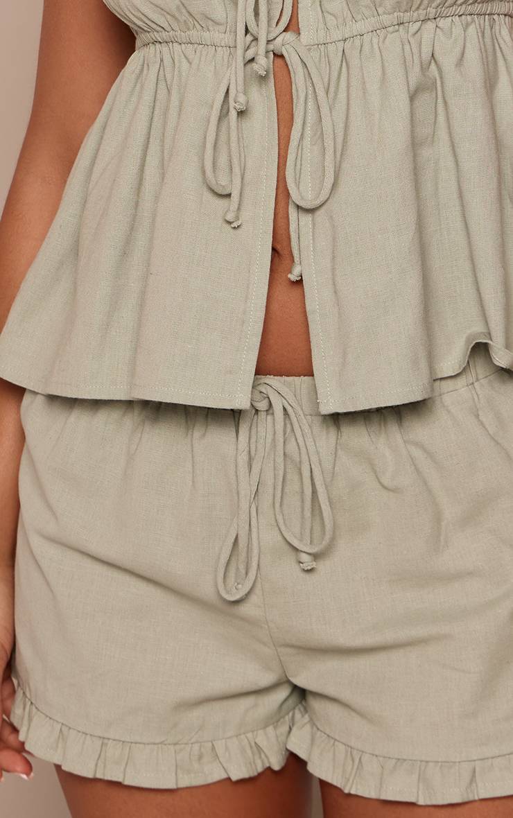 Vert Sauge Short Mini En Lin Petite Avec Taille À Cordon Et Ourlet À Volant Coordonné
