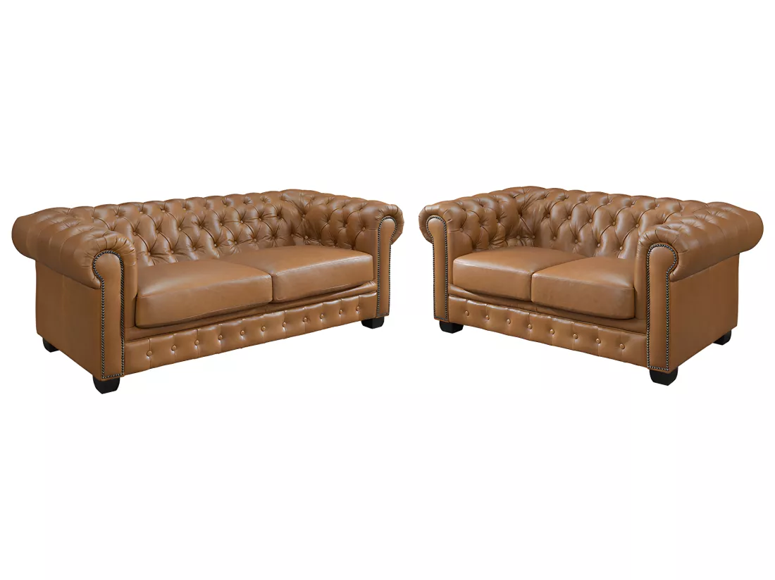 Canapés chesterfield 3 places et 2 places BRENTON 100% cuir de buffle premium - Caramel vintage