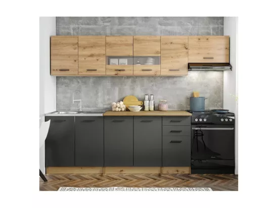 Cuisine complète 260cm avec décor gris et chêne Filly