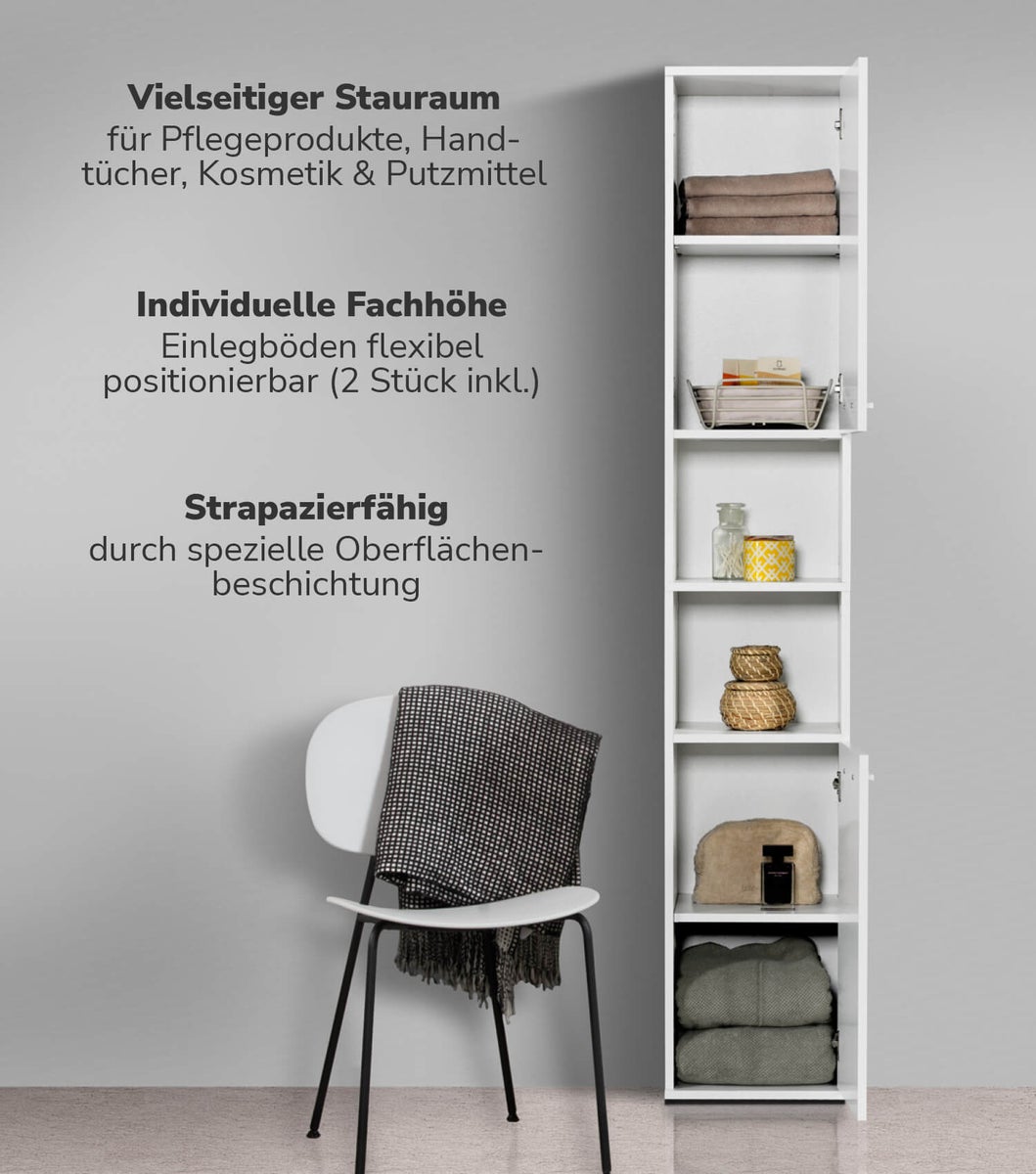 mokebo badkamer hoge kast 'The Captain', badkamerkast in 180x33x34 (HxBxD in cm) in wit