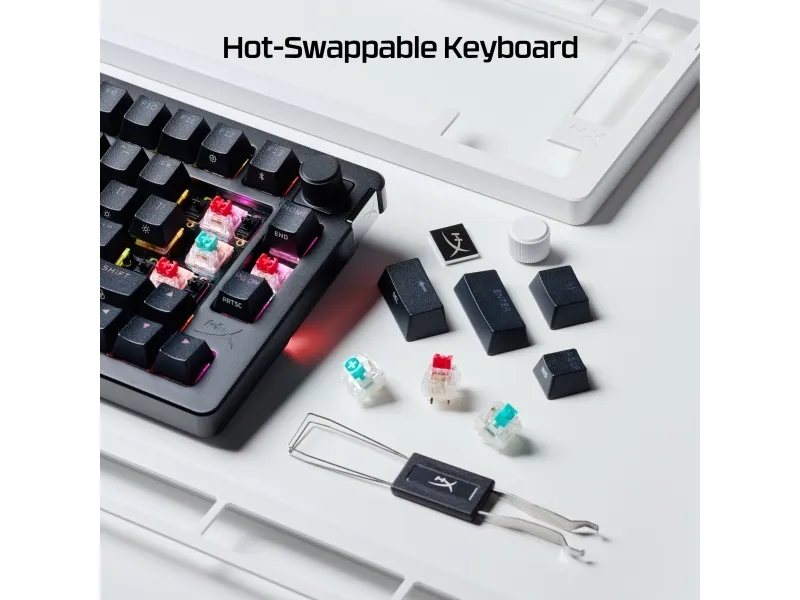 HyperX Alloy Rise - Tastatur - 1000 Hz pollingfrekvens, 100% anti-ghosting, 80 millioner tastetryk - 75% - bagbelyst - trådløs - 2.4 GHz, Bluetooth, USB-C - tastkontakt: HyperX Linear - sort