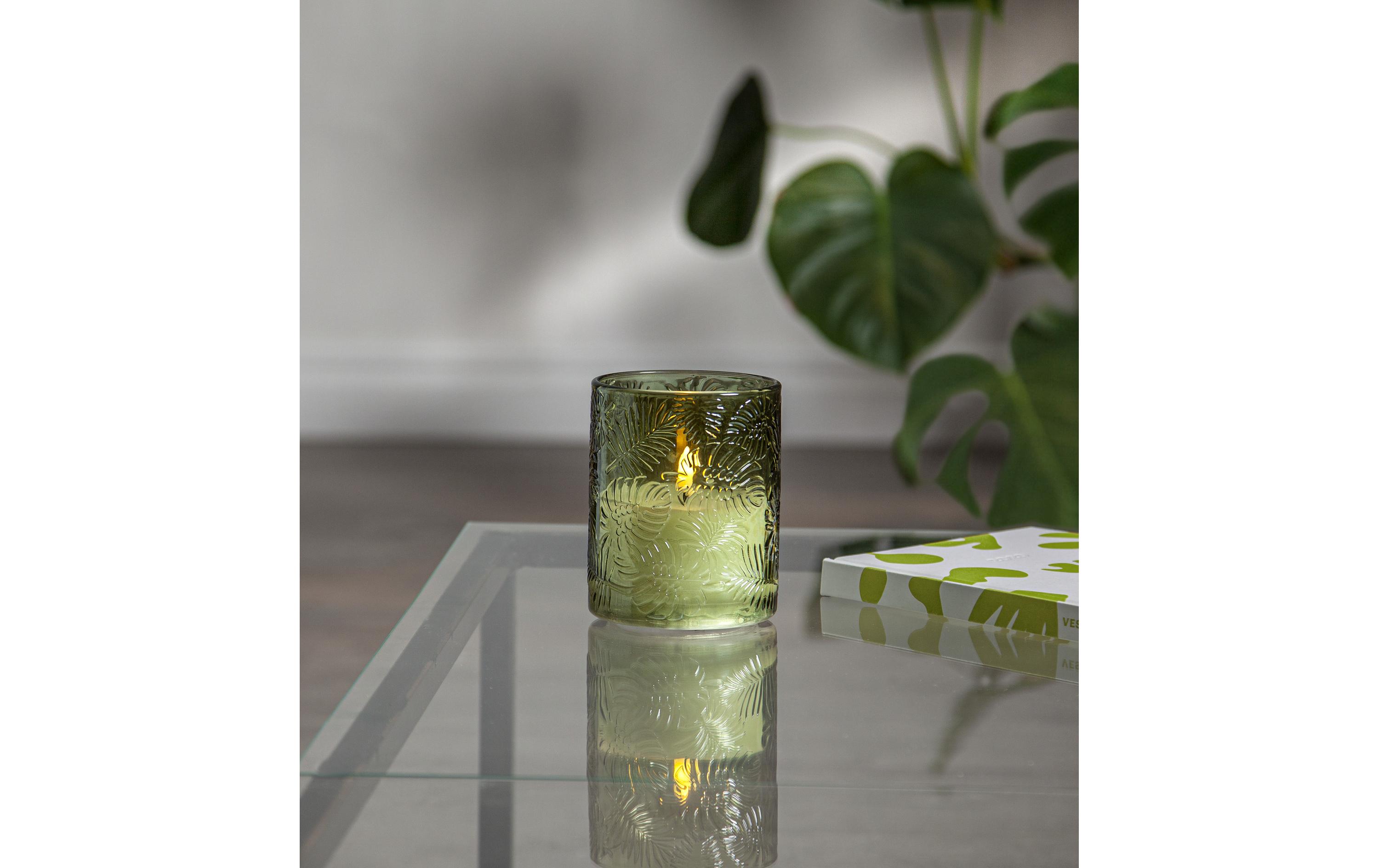 LED-Kerze Pillar Flamme Leaf, Ø 10 x 12.5 cm, GrünKerze aus Wachs mit LED Leuchte