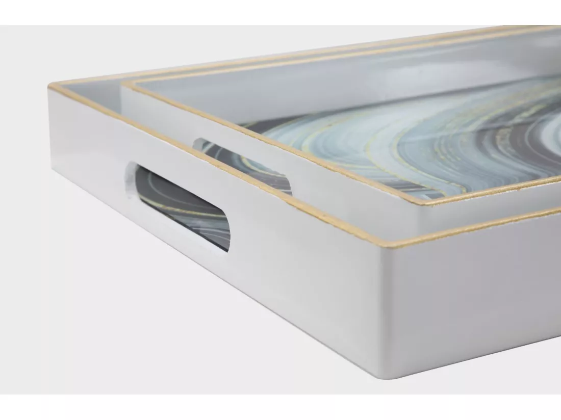 Lot de 2 supports en résine et verre blanc 40x30x4-35x25x3,5 cm
