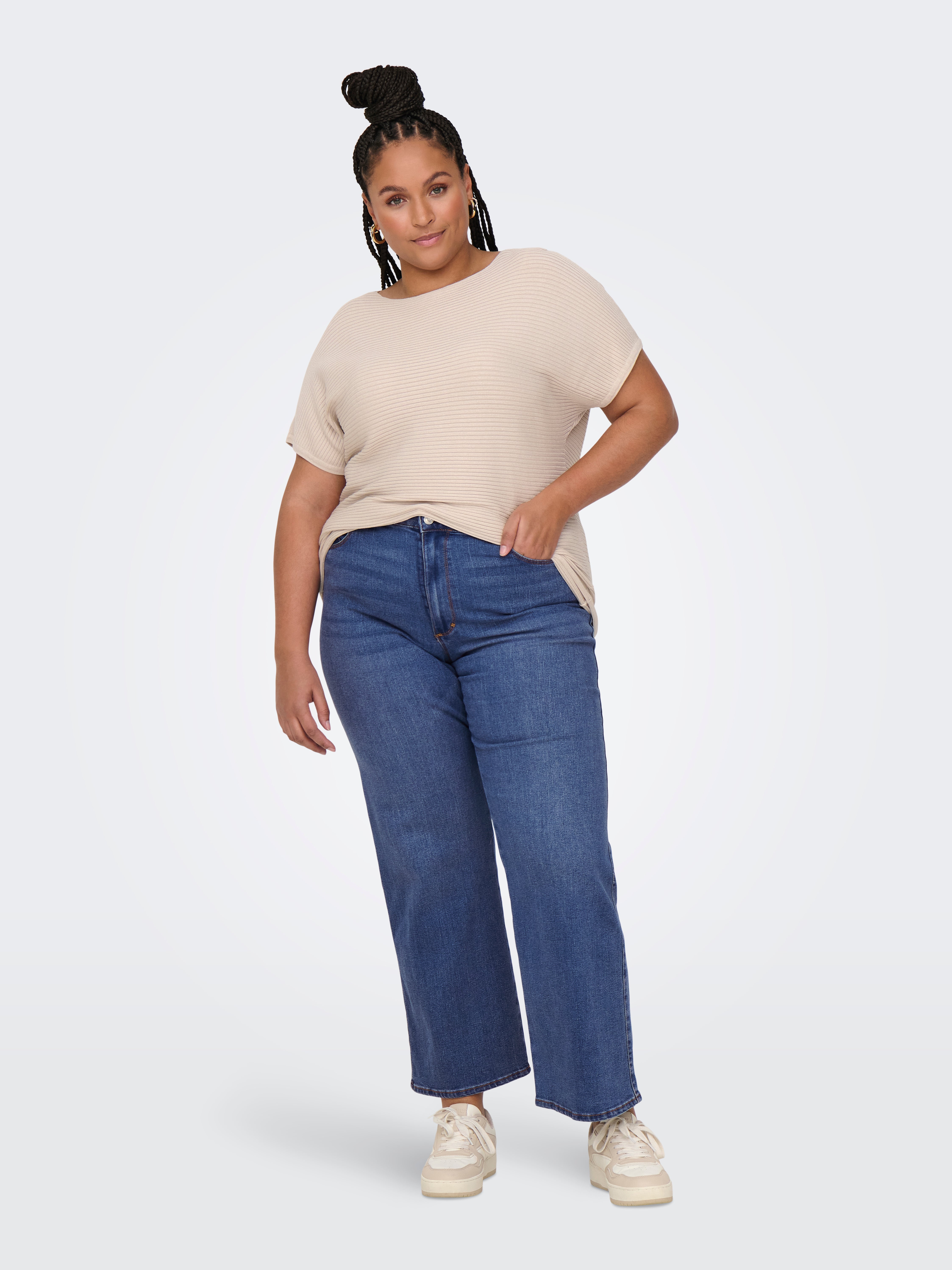 CARSNOW Hohe Taille Weiter Beinschnitt Jeans Medium Blue Denim