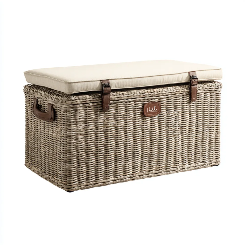 Rattan Aufbewahrungsbox mit Sitzkissen 90x50x45 cm – Beige – Landhausstil