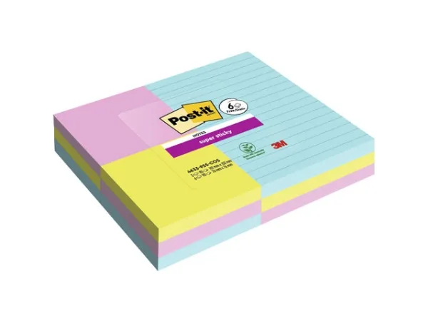 Post-it® Super Sticky Notes inkl. 3 linjerede   6 standard blokke - ass. størrelser med 90 ark pr. blok - (9 blokke)