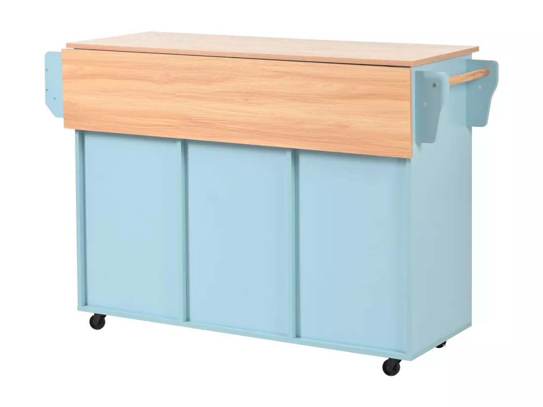 Ilot central de cuisine avec 3 tiroirs et portes de rangement - Plateau extensible - pieds en roulettes ou en bois - Bleu