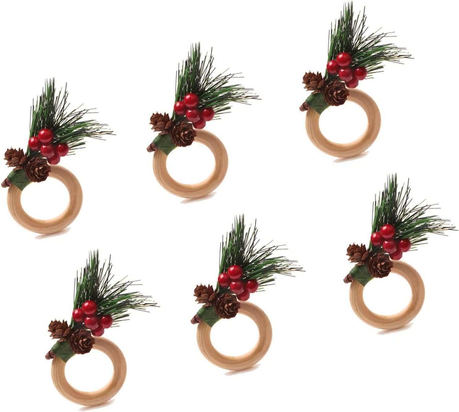 (6er Set) Ø3.5cm Holz Serviettenring Weihnachts Tischdeko Christmas Tuchhalterung Tannenzweig - Braun / Grün