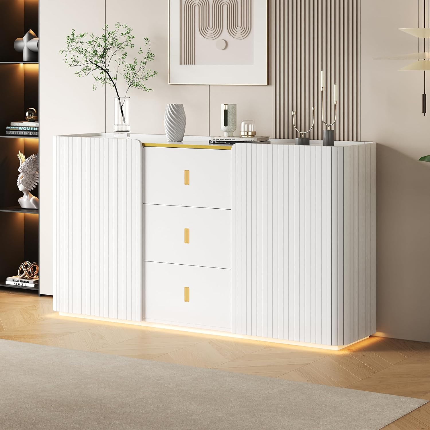 Sideboard Kommode Weiß mit LED-Licht, 150x35x80cm Küchenschrank Stauraum 2 Türen & 3 Schubladen, Seitenschrank Mehrzweckschrank Sideboard Wohnzimmer Möbel Buffetschrank Kitchen Cabinet Anrichte