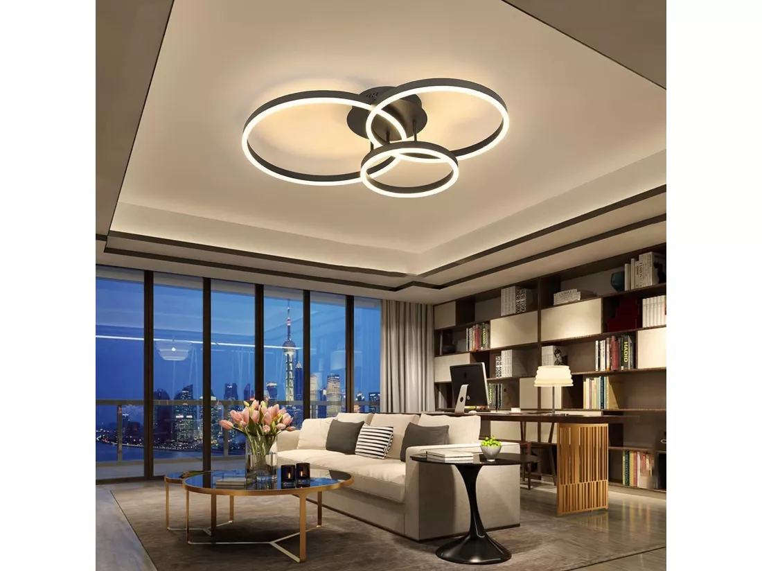NETTLIFE Lampe plafond LED noire réglable, 82cm, avec télécommande, 74W, design 3 anneaux en acryl