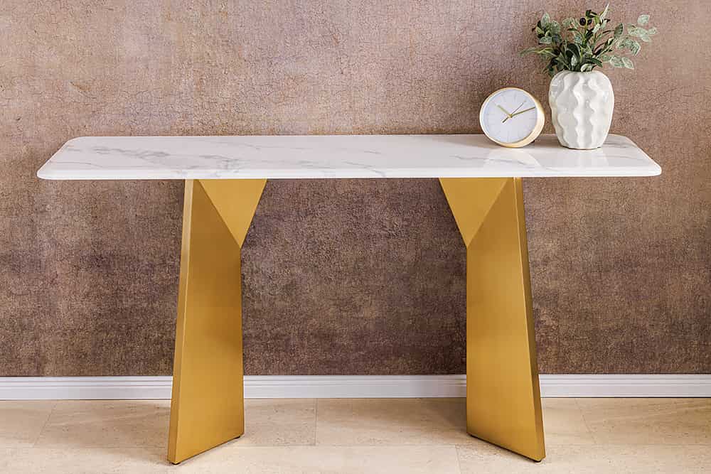 Design Konsolentisch EXTRAVAGANCIA 140cm weiß Marmor brushed champagner gold Metall