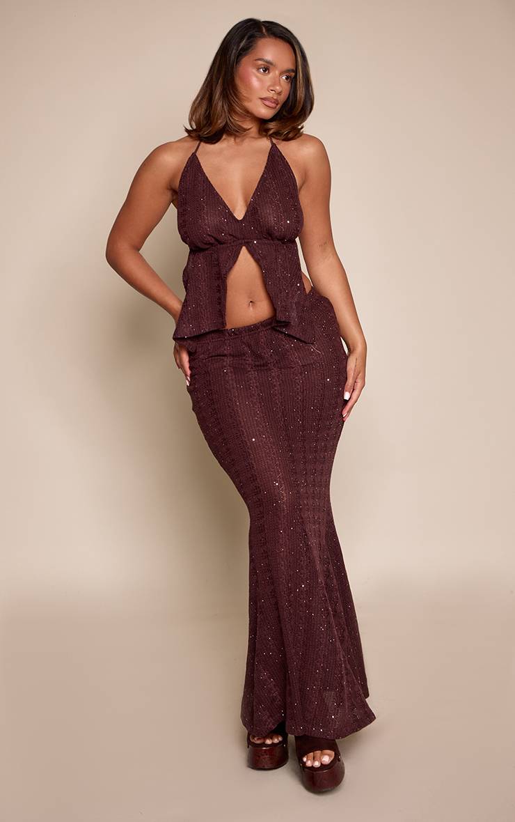 Marron Ensemble Jupe Longue Sirène En Maille Pailletée Près Du Corps