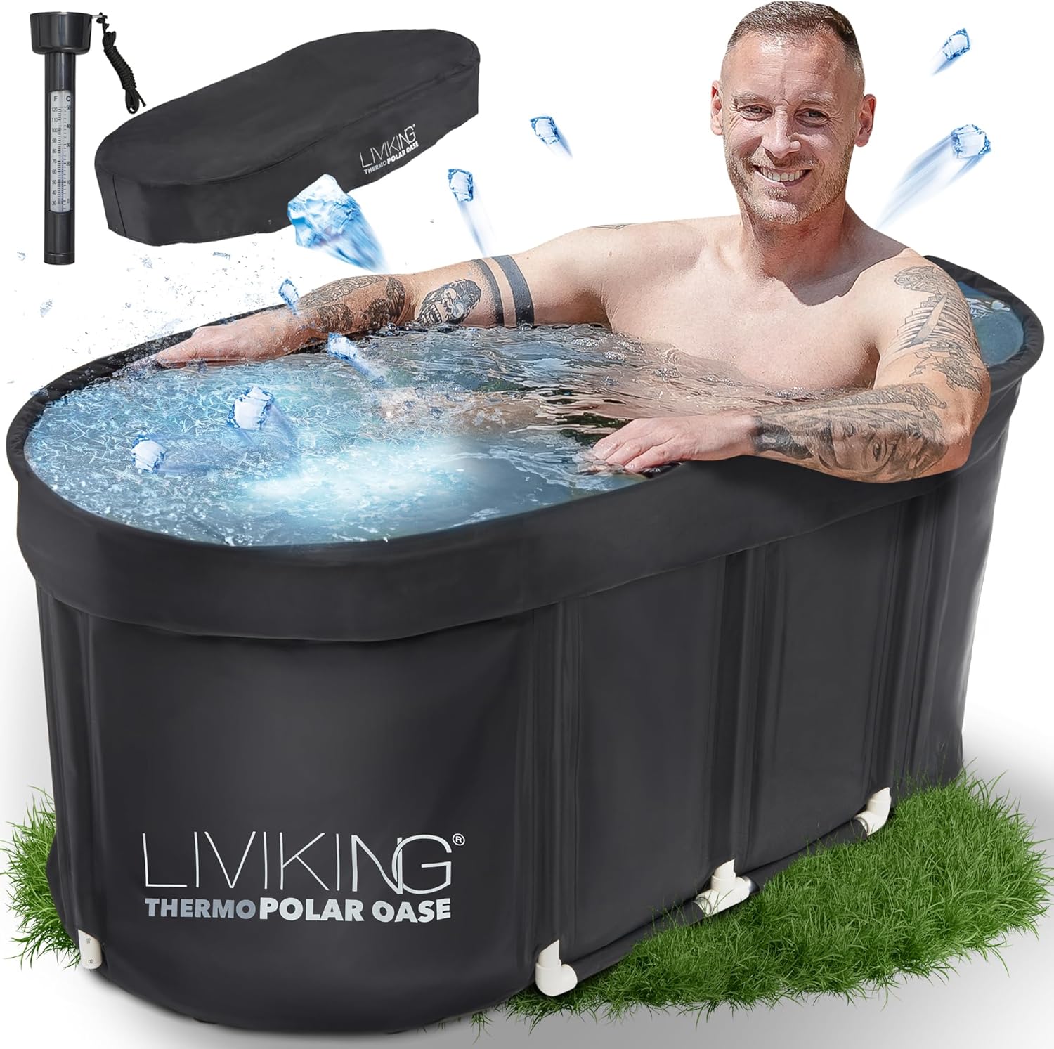Eisbad + Faltbare Badewanne Erwachsene [120 cm - 2in1 KOMFORT KOMPLETTSET] Eisbaden Tonne, Mobile Badewanne Outdoor & Eistonne – Jetzt Eintauchen! (ThermoPolar Oase, schwarz)