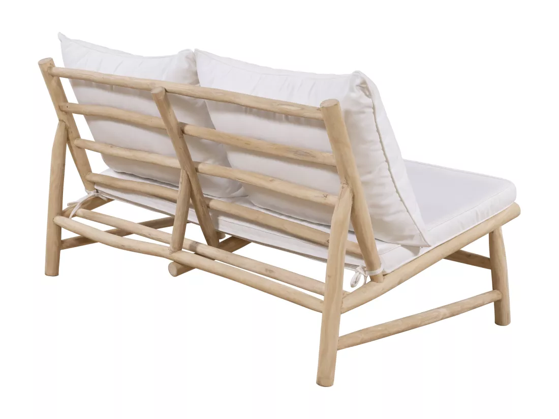 Salon de jardin en teck : un canapé 2 places, 2 fauteuils et une table basse ronde - Naturel clair et blanc - TULUM de MYLIA