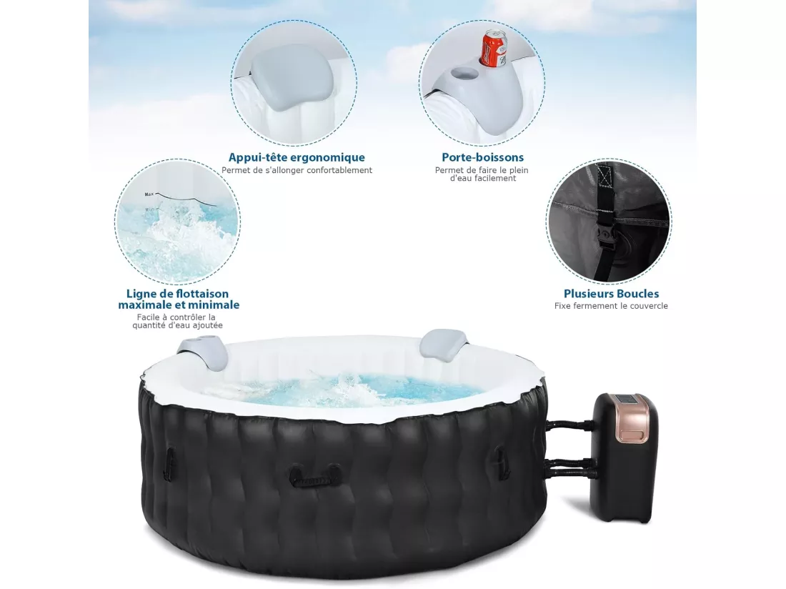 Spa Gonflable, 2 à 4 Personnes, 180 x 68 CM, Spa Rond Portable avec 108 Jets de Massage, Filtration à Cartouche et Bâche de Protection pour Le Spa, Noir (avec Appui-tête et Porte-gobelet)
