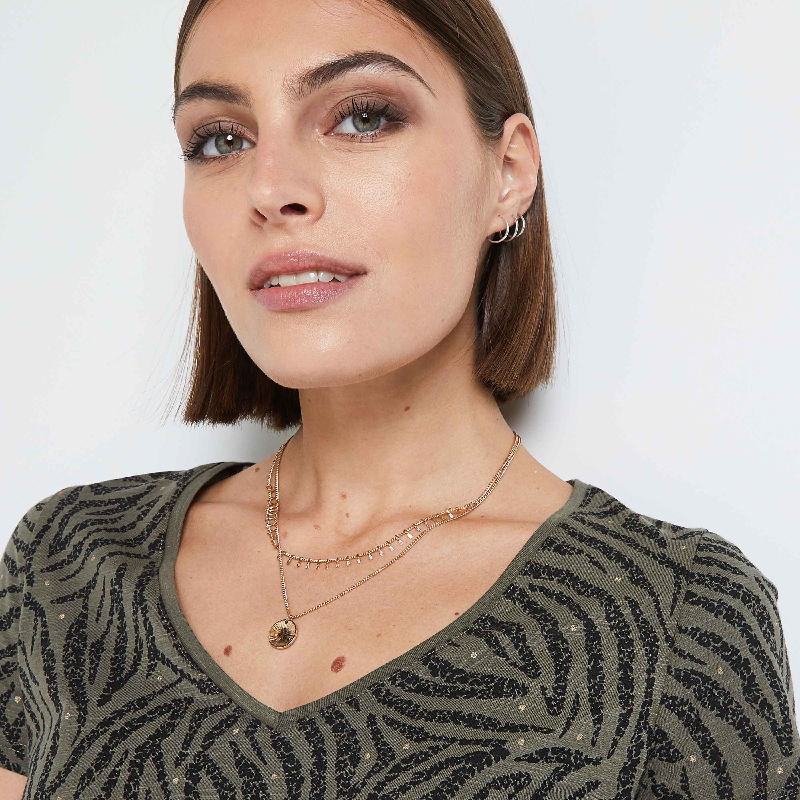 T-shirt imprimé col V femme - KAKI