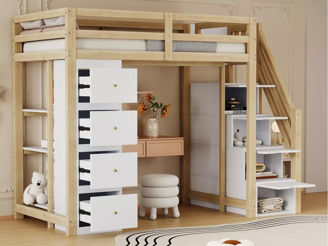Lit mezzanine 90x200cm en bois massif - avec 4 tiroirs et escalier de rangement - Naturel (matelas non inclus)
