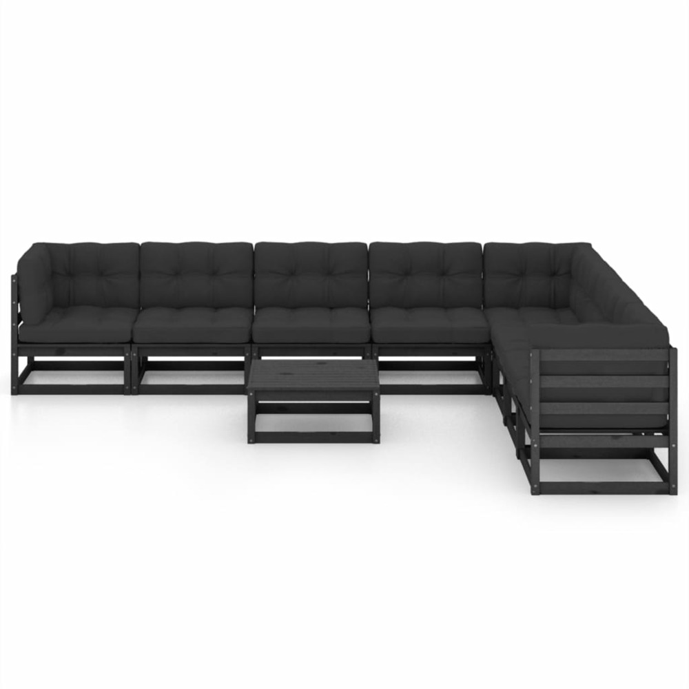Salon de jardin meuble d'extérieur ensemble de mobilier 9 pièces avec coussins noir bois de pin massif