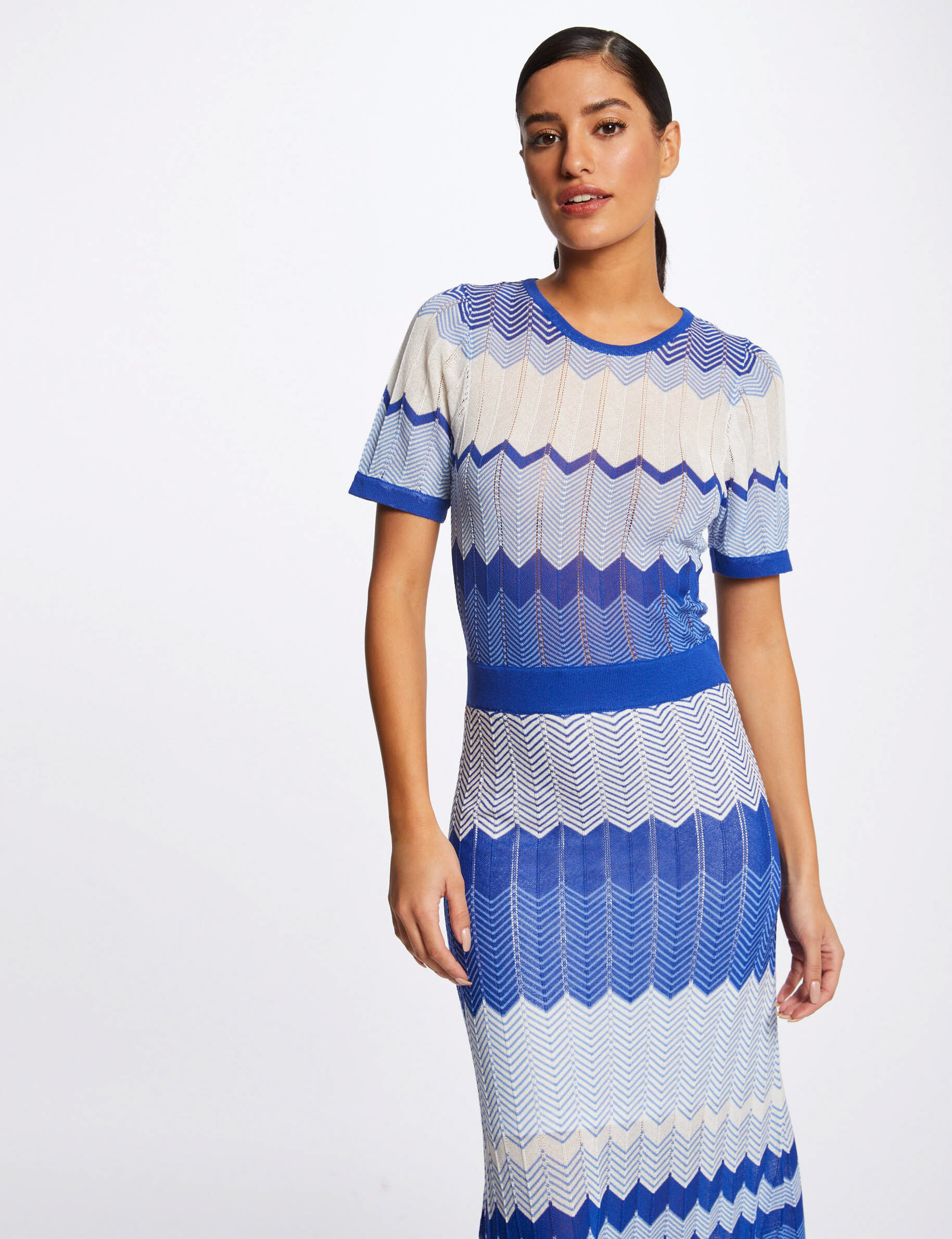 Robe pull longue droite imprimé chevron bleu moyen femme - bleu_moyen