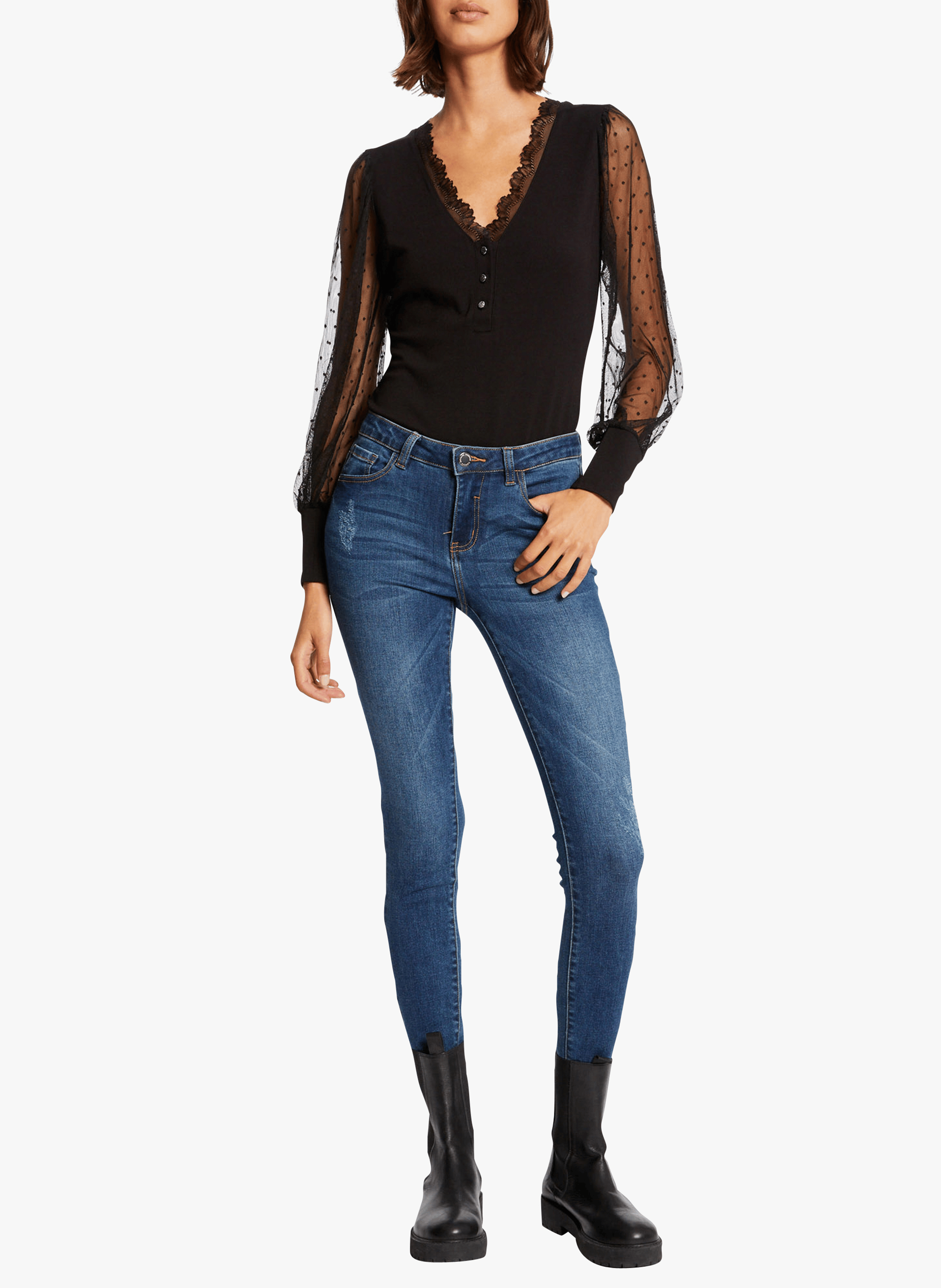 TEANA - Top col V en plumetis| Noir