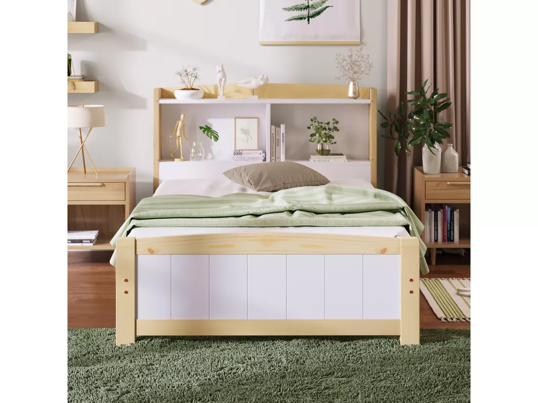 Lit avec tête de lit rangements et matelas - 90x200cm - en bois massif - lit 1 place - Blanc et Naturel
