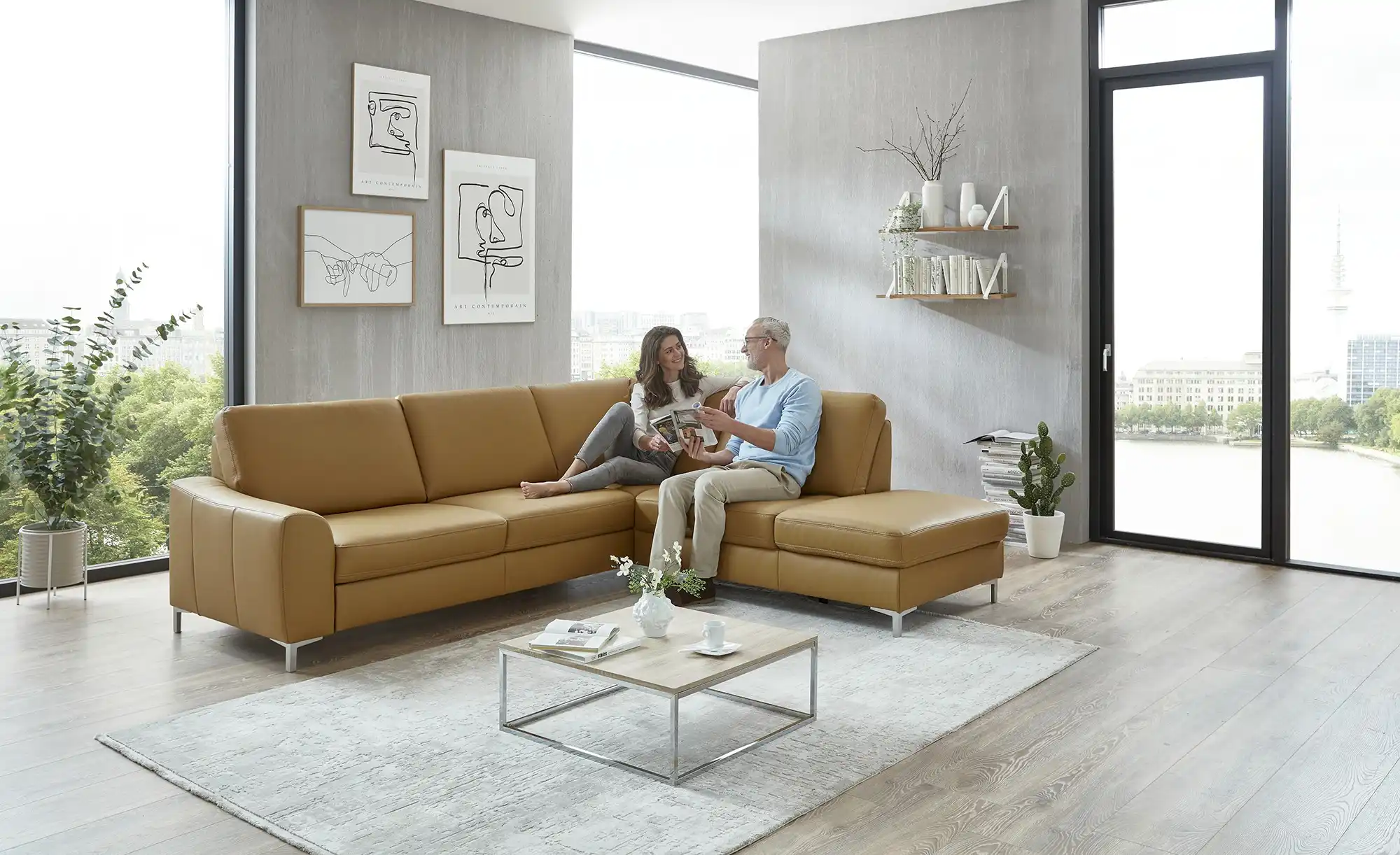 meinSofa Ecksofa mit Sitz und Rückenlehne aus Echtleder Lea