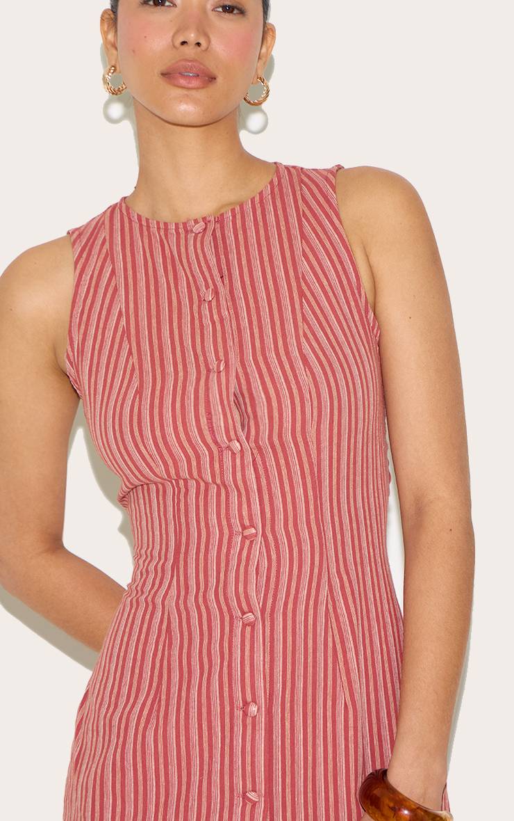 Rouge Robe Chemise Droite À Fines Rayures Boutonnée