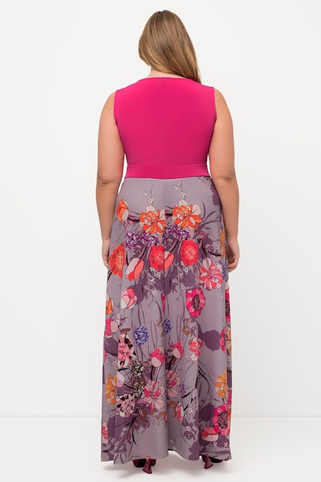 Jersey-Maxikleid, Blüten, V-Ausschnitt, ärmellos