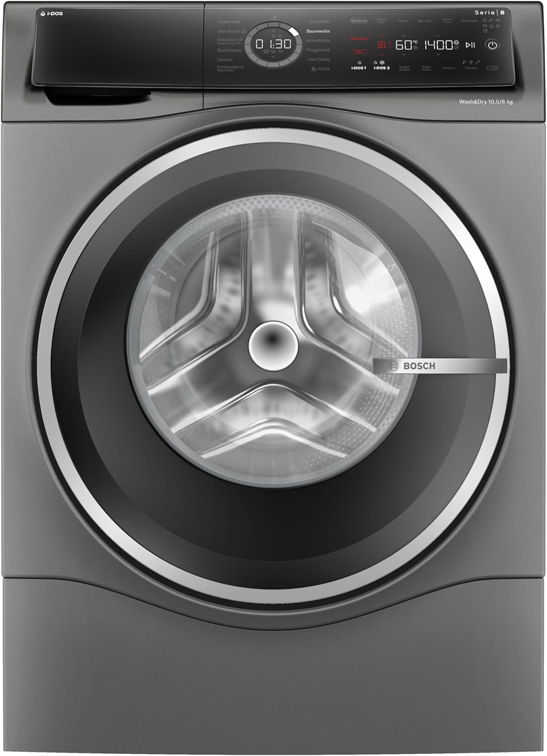Bosch WNC254AS0, Serie 8, Smarter Waschtrockner, 10.5 kg Waschen & 6 kg Trocknen, 1400 UpM, i-Dos intelligente Waschmittel-Dosierung, entfernt 16 Fleckenarten, IronAssist mit Dampffunktion, AutoDry