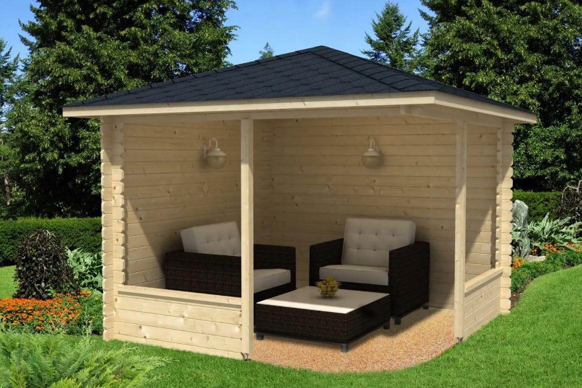 5-Eck Gartenlaube Maik-28 aus Massiv-Holz, Gartenhaus mit 28 mm Wandstärke, Garten Holzhaus inklusive Montagematerial, Geräteschuppen Größe: 300 x 300 cm, Spitzdach