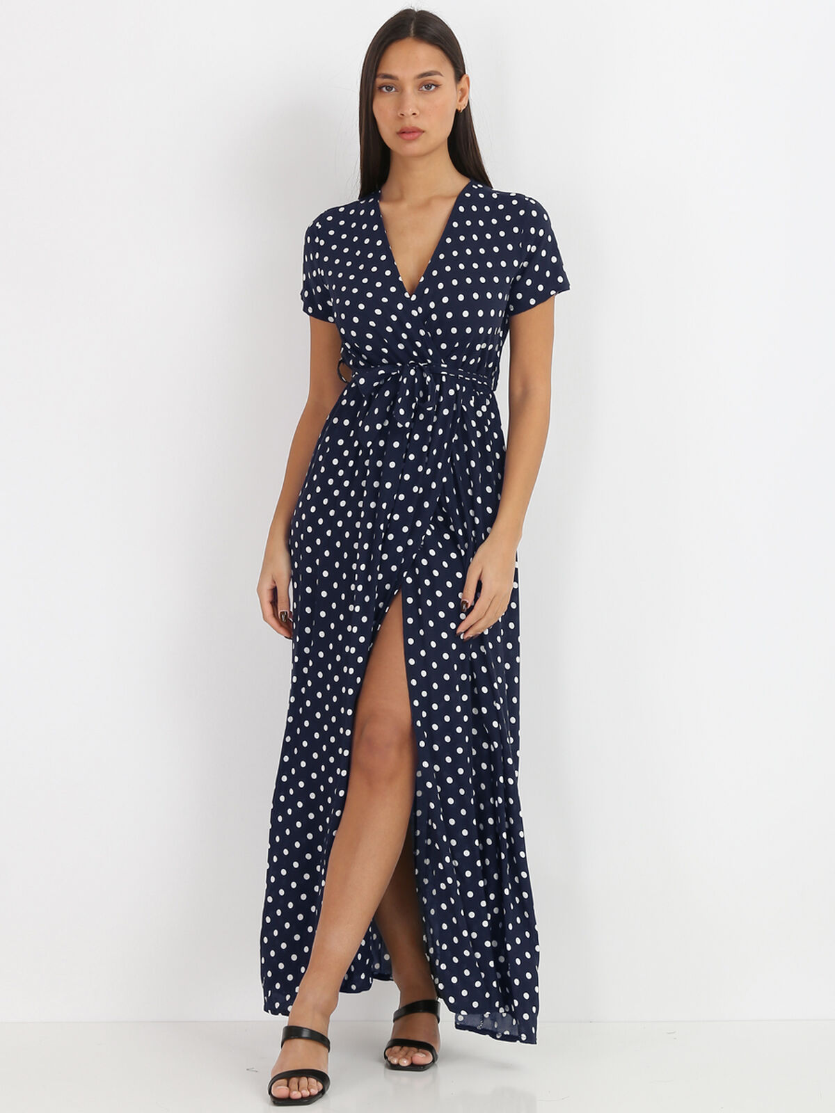 Robe longue à pois- Bleu marine
