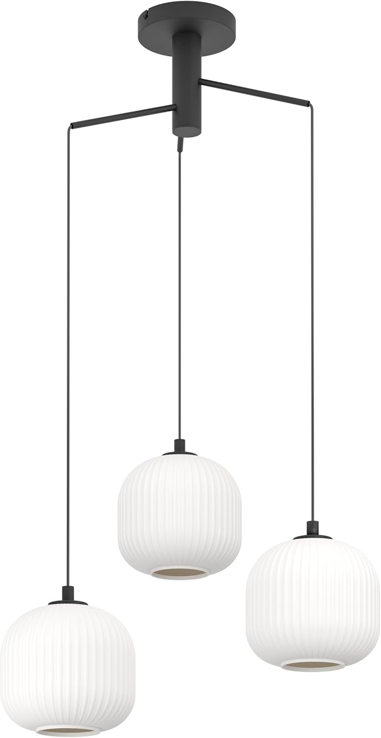 EGLO Hängelampe Mantunalle, 3-flammige Cluster Pendelleuchte Esstisch, Hängeleuchte aus Metall in schwarz und Glas in weiß, Esszimmerlampe hängend, E27 Fassung, Ø 62 cm
