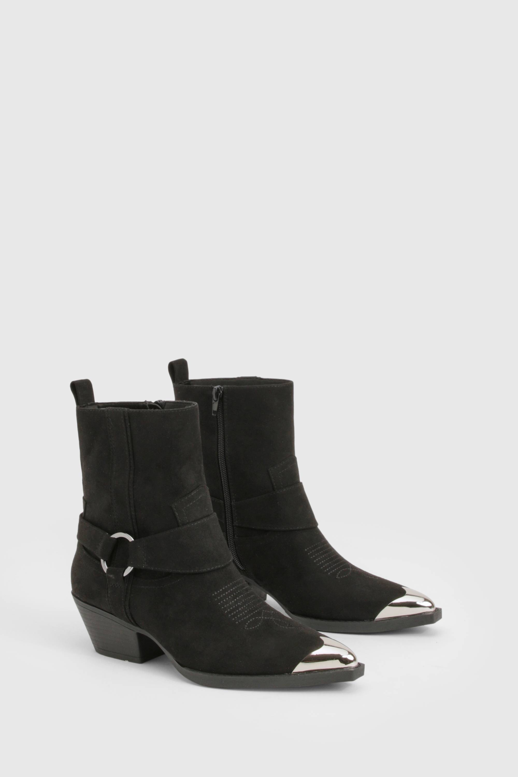 boohoo Bottes de cowboy à la cheville style western en synthétique suédé à embout argenté