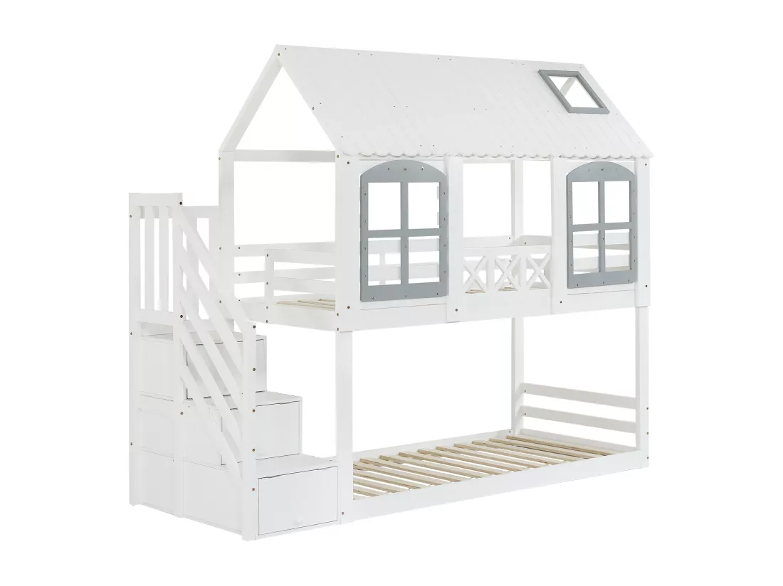 Lit superposé 90x200cm, lit d'enfant avec barrière anti-chute et 3 casiers de rangement dans l'escalier,Pin+MDF, blanc+gris,Sans matelas